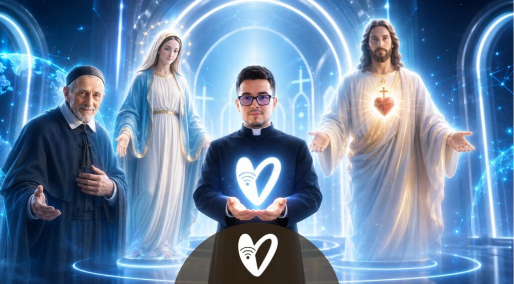El P. Felipe Rojas entre san Vicente de Paúl, la Virgen María y Jesucristo, símbolo de la evangelización digital de Corazón de Paúl