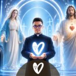 El P. Felipe Rojas entre san Vicente de Paúl, la Virgen María y Jesucristo, símbolo de la evangelización digital de Corazón de Paúl