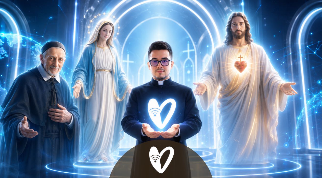 El P. Felipe Rojas entre san Vicente de Paúl, la Virgen María y Jesucristo, símbolo de la evangelización digital de Corazón de Paúl
