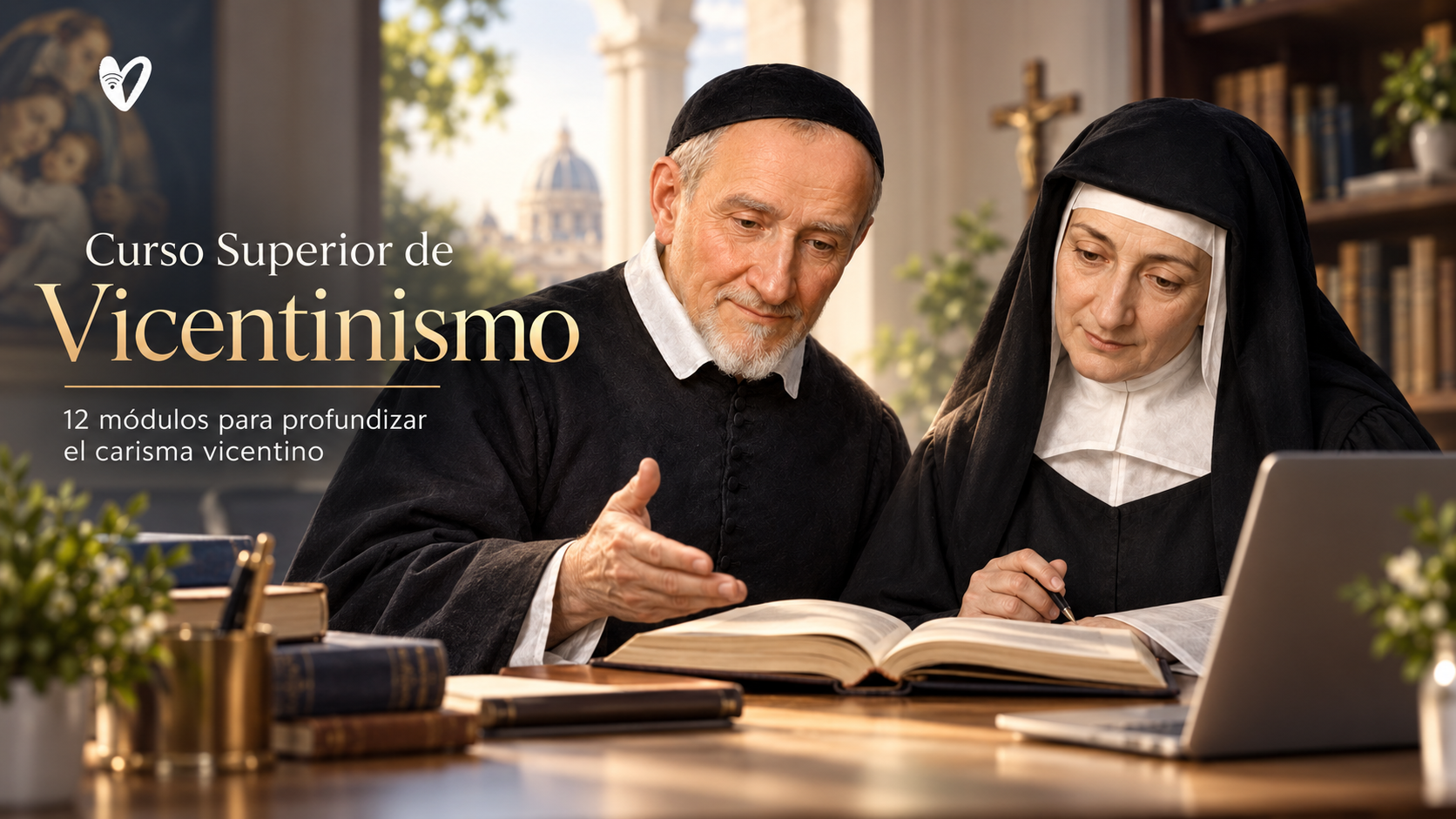 San Vicente de Paúl y santa Luisa de Marillac estudian juntos en un aula con libros y un computador