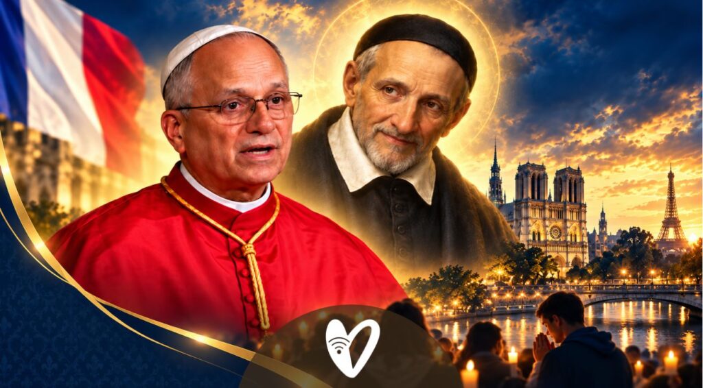 El papa León XIV y san Vicente de Paúl ante un paisaje de París durante el viaje apostólico a Francia de 2026