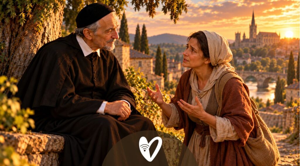 Ilustración de san Vicente de Paúl escuchando a una mujer bajo un árbol, imagen de la canción Estaba San Vicente.
