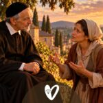 Ilustración de san Vicente de Paúl escuchando a una mujer bajo un árbol, imagen de la canción Estaba San Vicente.