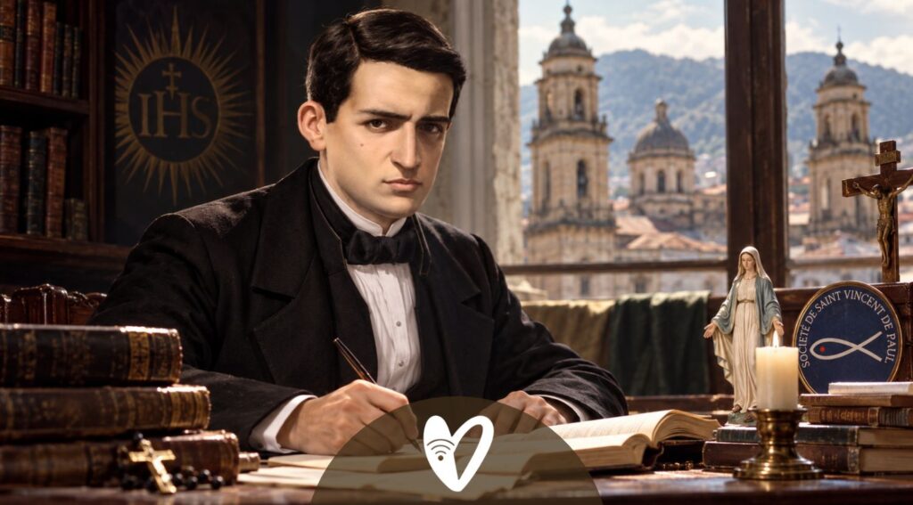 Recreación artística de Mario Valenzuela Pieschacón escribiendo en Bogotá, con símbolos de la Sociedad de San Vicente de Paúl