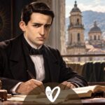 Recreación artística de Mario Valenzuela Pieschacón escribiendo en Bogotá, con símbolos de la Sociedad de San Vicente de Paúl