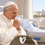 Ilustración digital del papa León XIV en oración en un entorno hospitalario; no es una fotografía real de su hospitalización.