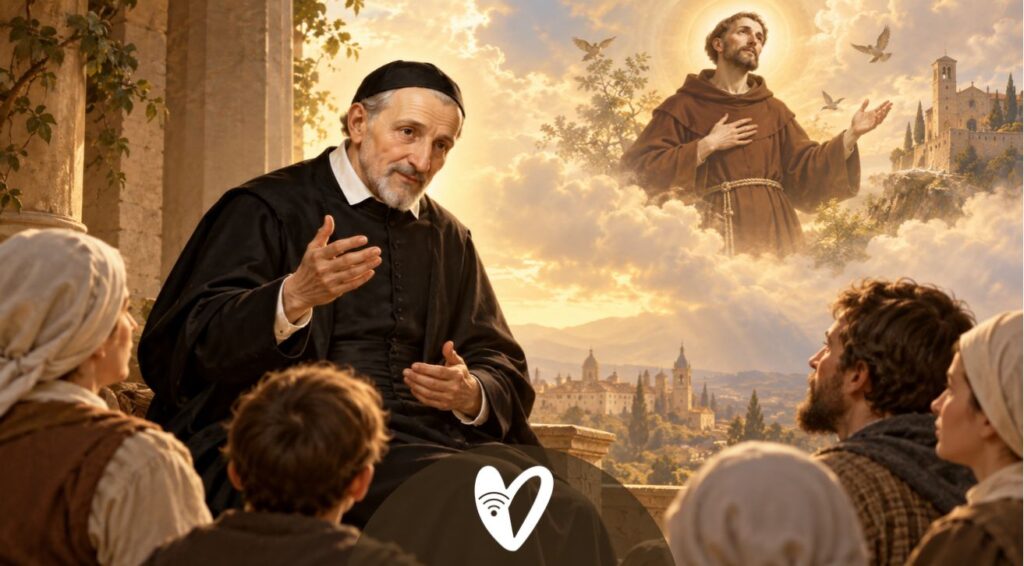 Ilustración de san Vicente de Paúl junto a los pobres y san Francisco de Asís en actitud de oración