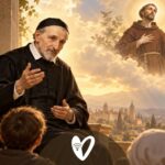 Ilustración de san Vicente de Paúl junto a los pobres y san Francisco de Asís en actitud de oración