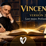 Ilustración de san Vicente de Paúl entre sus escritos y una tableta de lectura para anunciar VINCENTIUS versión 2.1.1.